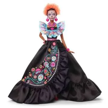 Barbie Signature Doll, 2024 Día De Muertos Collectible in Black Dress with Blue Ruffle Top, Embroidered Print, and Colorful Accessories