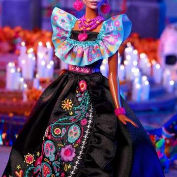 Barbie Signature Doll, 2024 Día De Muertos Collectible in Black Dress with Blue Ruffle Top, Embroidered Print, and Colorful Accessories