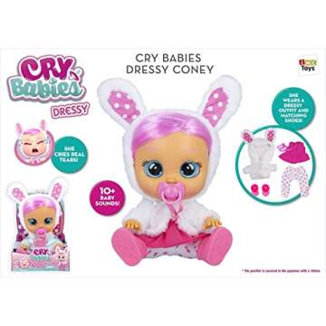 Cry Babies Dressy Coney - 12" Baby Doll | Pink Dress, Bunny Themed White Fluffy Jacket