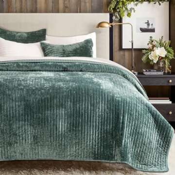 EVERGRACE Velvet Quilt Set King Size, Luxurious Soft Striped Channel Bedding Set, Lightweight Velvet...