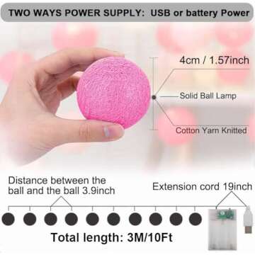 XIYUNTE Cotton Ball String Lights, 3M/10FT 20 LED Cotton Ball Lights, USB or Battery Powered 4CM Cotton Ball Fairy Lights for Bedroom, Wedding, Party, Home Decor