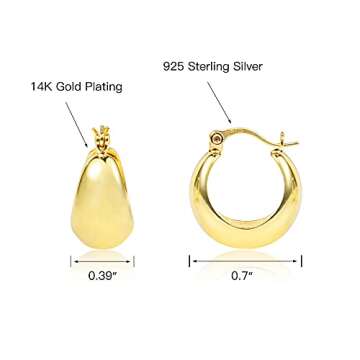 KISSPAT 14K Gold Plated Small Chunky Huggie Hoop Earrings for Women | Chunky Gold Earrings Hypoallergenic Sterling Silver Post Thick Huggie Earring Leverback Gold Earring