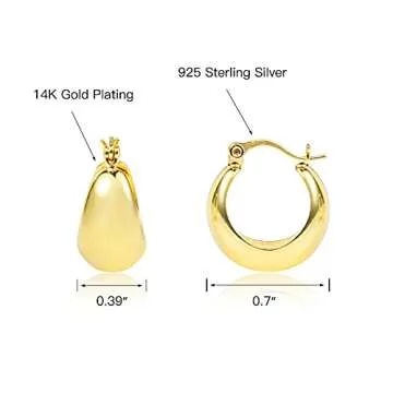 KISSPAT 14K Gold Plated Small Chunky Huggie Hoop Earrings for Women | Chunky Gold Earrings Hypoallergenic Sterling Silver Post Thick Huggie Earring Leverback Gold Earring