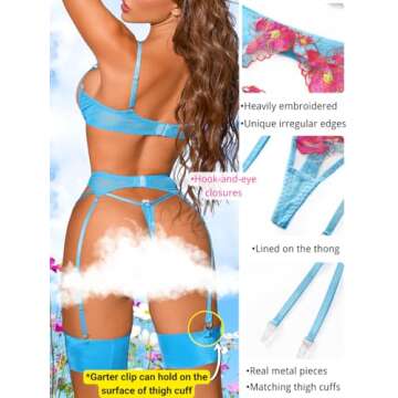 Kaei&Shi Garter Lingerie for Women,Underwire Floral Embroidered Sheer Lace Lingerie,G-String Matching Thigh Bands 4 Piece Sexy Lingerie Set Petite Boudoir Sky Blue Small
