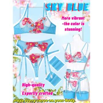 Kaei&Shi Garter Lingerie for Women,Underwire Floral Embroidered Sheer Lace Lingerie,G-String Matching Thigh Bands 4 Piece Sexy Lingerie Set Petite Boudoir Sky Blue Small
