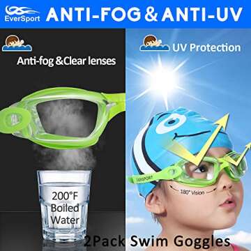 EverSport Kids Portable Swim Goggles, Pack of 2 Swimming Goggles for Children Teens, Anti-Fog Anti-UV Youth Swim Glasses Leak Proof for Age4-16, Green/Black & Green