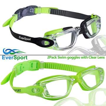 EverSport Kids Portable Swim Goggles, Pack of 2 Swimming Goggles for Children Teens, Anti-Fog Anti-UV Youth Swim Glasses Leak Proof for Age4-16, Green/Black & Green