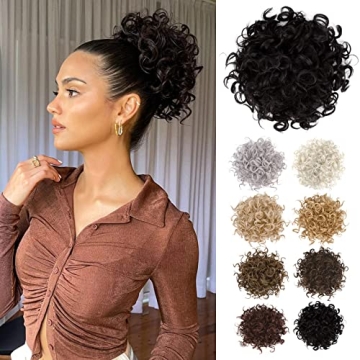 FLUFYMOOZ Black Brown Messy Bun Hair piece for Women， Elastic Drawstring Loose Wave Large Curly Bu...