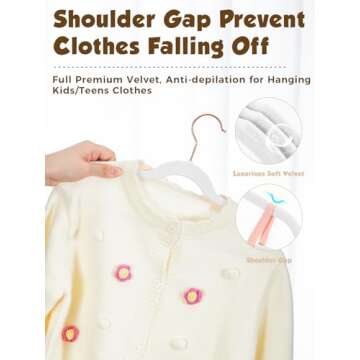 Smartor Kids Velvet Hangers 50 Pack, 14'' Inch Premium Non Slip Kids Felt Hangers for Closet, Space Saving Toddler Clothes Hanger for Youth's Childrens' Clothes (Rose Gold Hook)- White