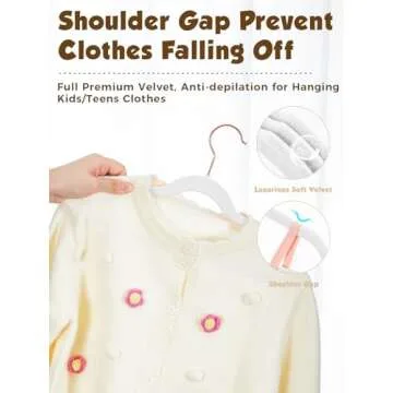 Smartor Kids Velvet Hangers 50 Pack, 14'' Inch Premium Non Slip Kids Felt Hangers for Closet, Space Saving Toddler Clothes Hanger for Youth's Childrens' Clothes (Rose Gold Hook)- White