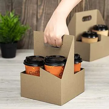 Karat Paperboard Drink Carrier with Handle - Sturdy Kraft Coffee Cup Carrier for Hot/Cold Beverages, Fits 10-32 oz Cups - Eco-Friendly, Disposable To-Go Drink Holder (4-Cup)