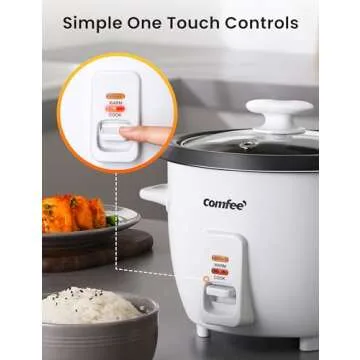 COMFEE' Rice Cooker, 6-Cup Cooked/3-Cup Uncooked, Removable Non-Stick Bowl, for Soups, Stews, Grains&Oatmeal, One Touch, White