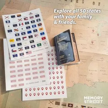Memory Street US 50 States Passport & Travel Map Kit, United States Flags Stickers Poster Gift for Travelers USA National Parks