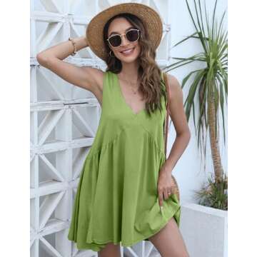 OPCAKM Women's V Neck Sleeveless Mini Dress Loose Summer Pleated Swing Flowy Sundress(Light-Green-M)