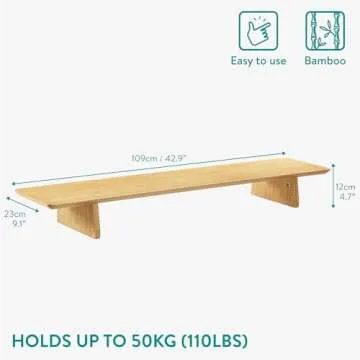 Navaris Dual Monitor Stand Riser - Real Wood Double Width Desk Shelf for Holding 2 Computer Screens - 42.9" x 9.1" x 4.7" (109cm x 23cm x 12cm) - Bamboo