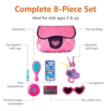 Amazon Basics 8-Piece Pretend Play Purse Toy with Accessories for Girls Ages 3 and Up, Handbag Gift ...