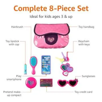 Amazon Basics 8-Piece Pretend Play Purse Toy for Girls Including Smartphone, Makeup Compact & More