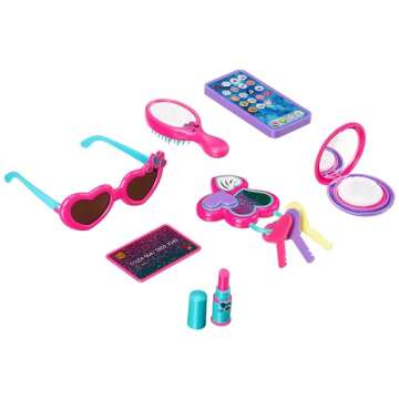 Amazon Basics 8-Piece Pretend Play Purse Toy with Accessories for Girls Ages 3 and Up, Handbag Gift Set Including Smartphone, Sunglasses, Makeup Compact, Keys and Credit Card, Pink
