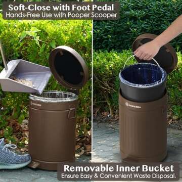 PAWZIDEA Dog Poop Trash Can for Outdoors, 3.1 Gallon Outdoor Trash Can with Lid, Odor Free Dog Waste Station, Cat/Pet Waste Container Step Trash Can for Patio, 7.8in Activated Carbon Filter, 12-Liter