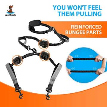 SparklyPets Hands Free Double Dog Leash – Dual Leash for Medium and Large Breeds – Lead for 2 Dogs with Padded Handles, Reflective Stitches, No Pull, Tangle Free