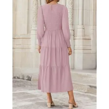 ZESICA Women's Flowy Long Sleeve Midi Dress - Dark Pink