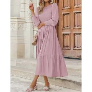 ZESICA Women's Flowy Long Sleeve Midi Dress - Dark Pink