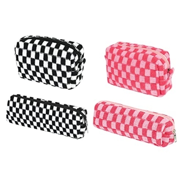 AllReal 4 Pieces Christmas Makeup Bag Checkered Cosmetic Bag Pink Toiletry Bags Black Red Pouch for ...