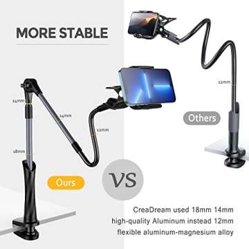 CreaDream Gooseneck Phone Holder for Bed, Two Aluminum Tubes with Flexible Arm Clamp Clip for Desk, Overhead Phone Mount, Compatible with All Smart Phone (4-7"), Length 39.4In (Grey)