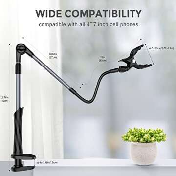 CreaDream Gooseneck Phone Holder for Bed, Two Aluminum Tubes with Flexible Arm Clamp Clip for Desk, Overhead Phone Mount, Compatible with All Smart Phone (4-7"), Length 39.4In (Grey)