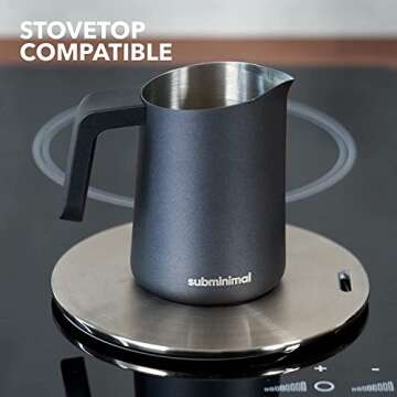 Subminimal FlowTip Milk Jug | Stovetop Milk Frothing, Foaming Pitcher for Premium Barista-Style Coffee at Home | Cappuccino & Latte Art Pouring Jug with Ergonomic Heat Resistant Handle | 450ml, Black