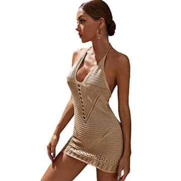 SOLY HUX Women's Halter Hollow Out Backless Beach Swimsuit Bikini Cover Up Khaki XS