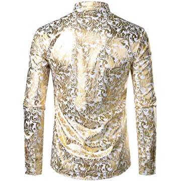 ZEROYAA Men's Luxury Vintage Golden Floral Print Slim Fit Long Sleeve Banded Collar Button Up Shirt ZHCL42 White Gold Medium