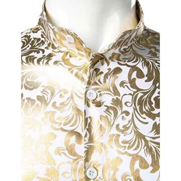 ZEROYAA Men's Luxury Vintage Golden Floral Print Slim Fit Long Sleeve Banded Collar Button Up Shirt ZHCL42 White Gold Medium