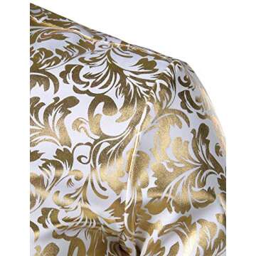ZEROYAA Men's Luxury Vintage Golden Floral Print Slim Fit Long Sleeve Banded Collar Button Up Shirt ZHCL42 White Gold Medium