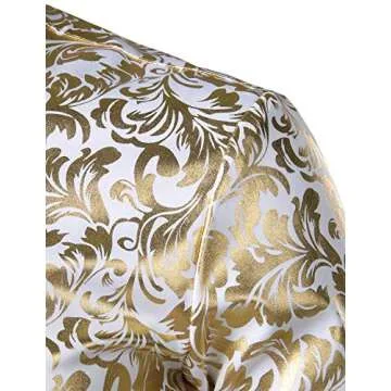 ZEROYAA Men's Luxury Vintage Golden Floral Print Slim Fit Long Sleeve Banded Collar Button Up Shirt ZHCL42 White Gold Medium