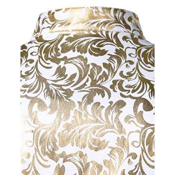 ZEROYAA Men's Luxury Vintage Golden Floral Print Slim Fit Long Sleeve Banded Collar Button Up Shirt ZHCL42 White Gold Medium