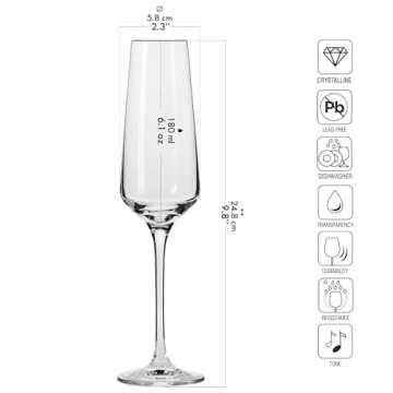 Krosno Crystal Champagne Flute Glasses, Set of 6, 6.1 oz, Avant-Garde Collection, Classic Shape for ...