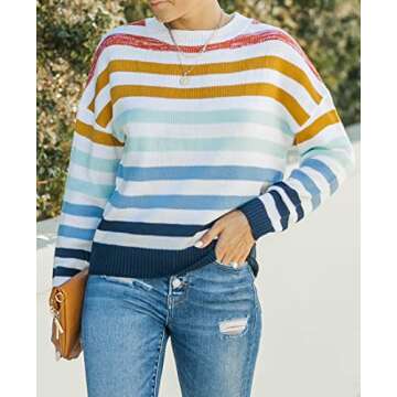 ZESICA Women's Fall Long Sleeve Crew Neck Striped Color Block Casual Loose Knitted Pullover Sweater Tops,Navy,Medium