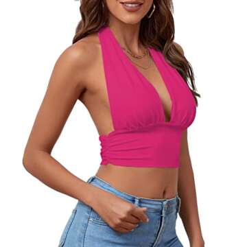 Rooscier Women's Deep V Neck Halter Tie Back Sleeveless Backless Cami Crop Top Hot Pink Small