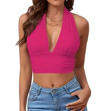 Rooscier Women's Deep V Neck Halter Tie Back Sleeveless Backless Cami Crop Top Hot Pink Small