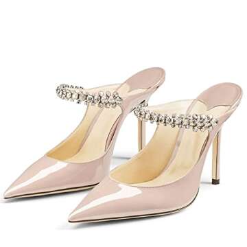 Jimishow Heeled Mules For Women Nude Rhinestone Mule Heels Pointy Closed Toe 4” Heel Party Dress S...