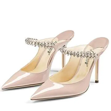 Jimishow Heeled Mules For Women Nude Rhinestone Mule Heels Pointy Closed Toe 4” Heel Party Dress Sandals Size 5-13 US