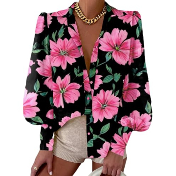 BTFBM Women Fashion Button Down Shirts Lapel V Neck Printed Solid Boho Long Sleeve Blouses Dressy Ca...