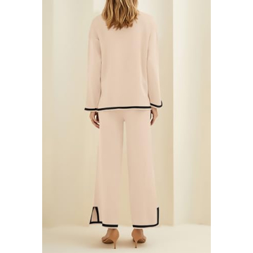 PRETTYGARDEN Women's 2 Piece Knit Sweater Set Casual Long Sleeve Pullover Wide Leg Pants Sweatsuit Tracksuit Outfit (Beige,Small)