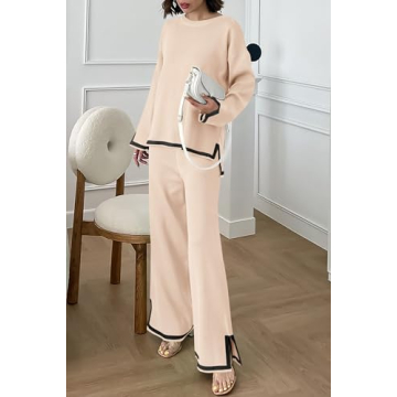 PRETTYGARDEN Women's 2 Piece Knit Sweater Set Casual Long Sleeve Pullover Wide Leg Pants Sweatsuit Tracksuit Outfit (Beige,Small)