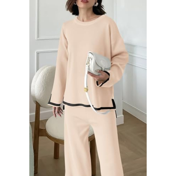 PRETTYGARDEN Women's 2 Piece Knit Sweater Set Casual Long Sleeve Pullover Wide Leg Pants Sweatsuit Tracksuit Outfit (Beige,Small)