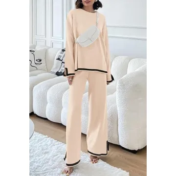 PRETTYGARDEN Women's 2 Piece Knit Sweater Set Casual Long Sleeve Pullover Wide Leg Pants Sweatsuit Tracksuit Outfit (Beige,Small)