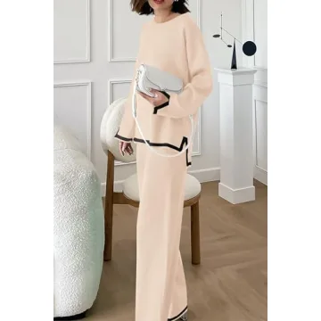 PRETTYGARDEN Women's 2 Piece Knit Sweater Set Casual Long Sleeve Pullover Wide Leg Pants Sweatsuit Tracksuit Outfit (Beige,Small)