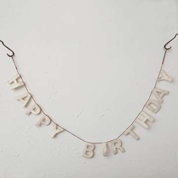 Creative Co-Op Decorative Felt Happy Birthday Banner, Natural Garland, Ivory