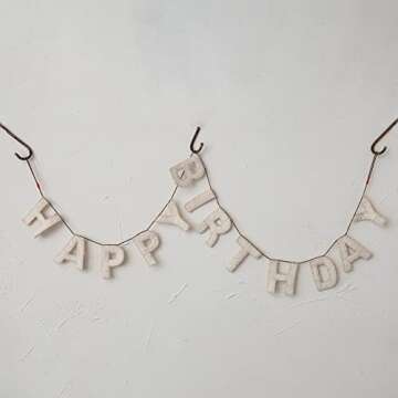 Creative Co-Op Decorative Felt Happy Birthday Banner, Natural Garland, Ivory